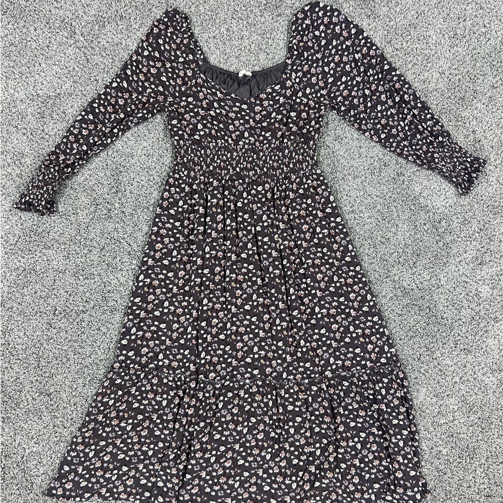 In Loom Brown Floral Elastic Waist Cuff Tiered Maxi Dress Boho Lined Size S